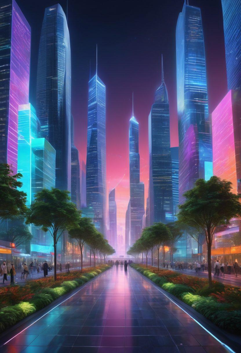 A futuristic cityscape displaying a seamless transition from traditional product-based businesses to dynamic service-oriented innovations. Show vibrant digital holograms representing various innovative services, alongside skyscrapers adorned with greenery symbolizing sustainability. People of diverse backgrounds are interacting with technology in the foreground, illustrating transformation and connection. Bright, colorful lighting enhances the energetic vibe of the scene. super-realistic. vibrant colors. 3D.
