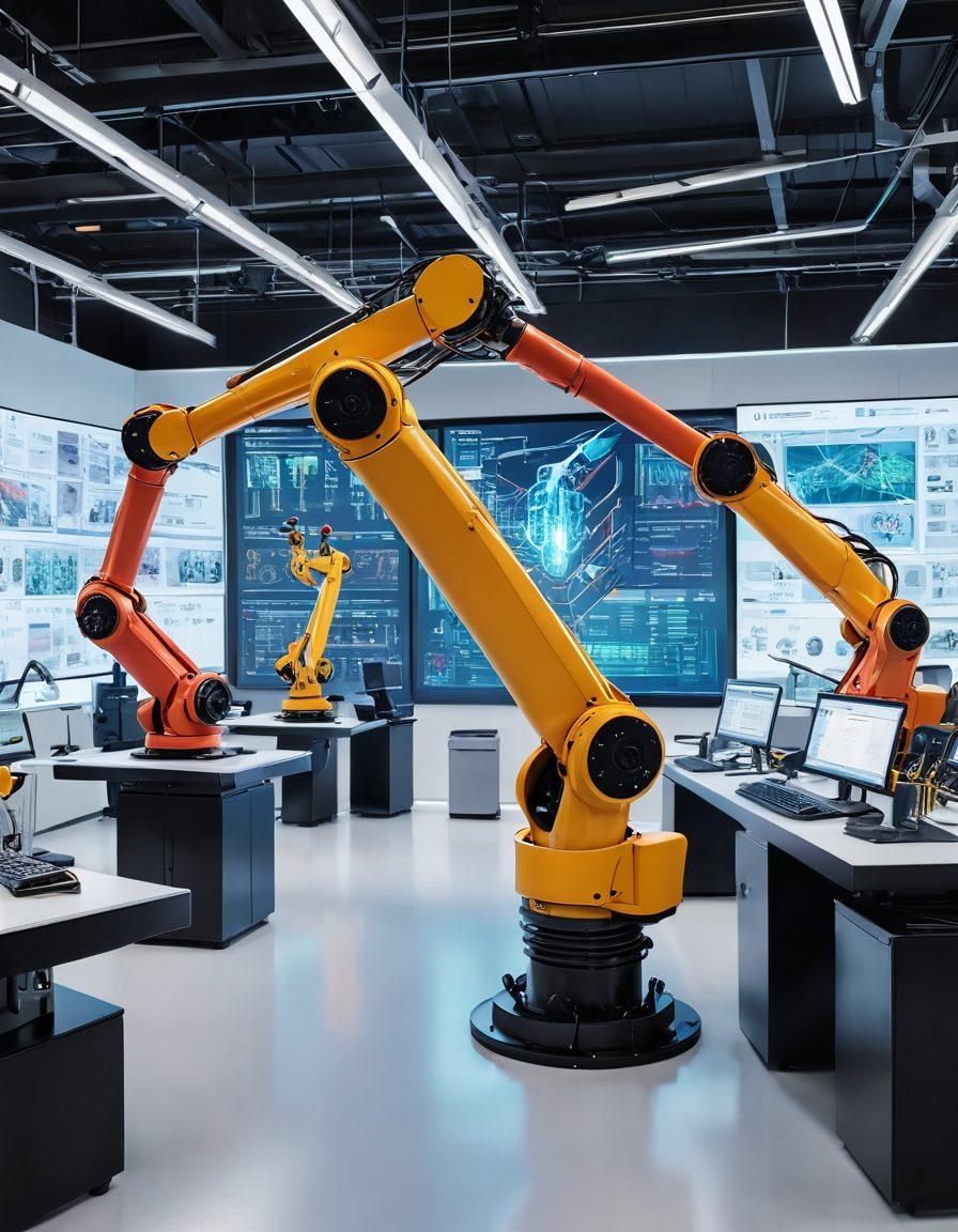 A futuristic manufacturing facility with robotic arms and advanced machinery, showcasing innovative engineering solutions. The scene is filled with bright, dynamic colors to symbolize progress and creativity, with engineers collaborating and monitoring processes. In the background, a digital interface displays data analytics, representing cutting-edge technology. The atmosphere should convey a sense of optimism and forward-thinking. super-realistic. vibrant colors. white background.